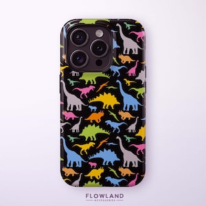 Colorful Dino Pattern Phone Case | For iPhone 16 Pro Max, 16 Pro, 16 Plus, 16, 15 Pro Max, 15, 14, 13, 12 – Dinosaur Retro Fun