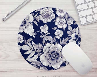Mouse Pad Floral Print Office Gift Mouse Mat Floral Mouse Pad Navy Blue Floral Print Mousepad Mousemat Desk Accessories For Her