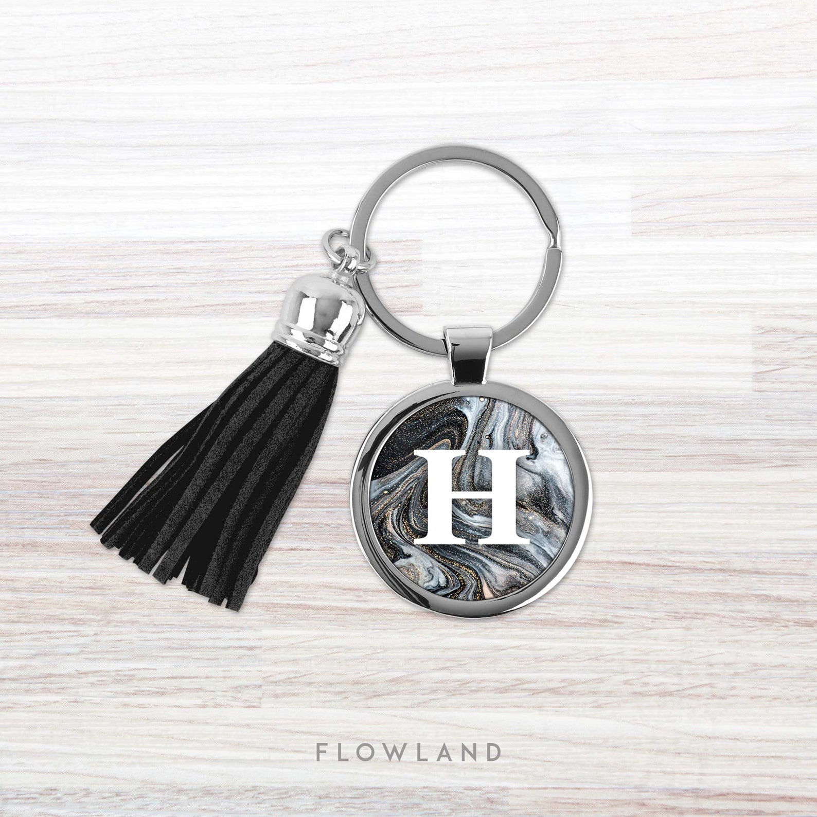 Marble Keychain Personalised Keychain Black Tassel Keyring Etsy