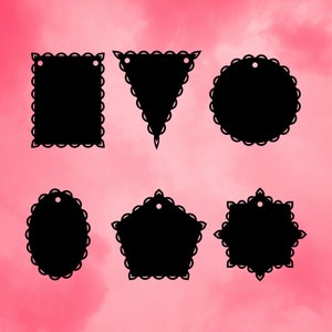 May include: Six different black silhouette shapes with scalloped edges and a hole at the top. The shapes include a square, triangle, circle, oval, pentagon, and hexagon.