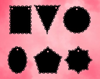 6x Scalloped Edge Tags Bunting Flags Shapes Rectangle/Circle/Oval Sign SVG Cut-Out File For Cricut/Silhouette Die-cut Craft Vector DXF