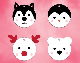 4 Arctic Animal Christmas Baubles Tags Cute Papercraft SVG Cut-Out File For Cricut/Silhouette Die-cut Craft Vector DXF