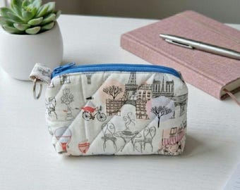 Pretty French Paris Sketch Whimsical Quilted Small Card & Coin Zipped Pouch with Keyring Hoop Handmade - Introductory Offer