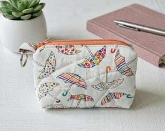 Pretty Colourful Umbrellas Quilted Small Card & Coin Zipped Pouch with Keyring Hoop Handmade - Introductory Offer