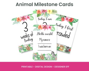 Digital Design Animal Design Milestone Cards Printable Print at Home Cute Babies Jungle Baby Animals Shower Newborn Gift