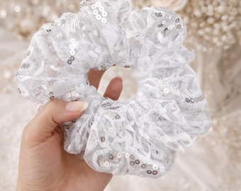 Luxury Bridal White Sequin Lace Hair Bun Decoration Handmade Scrunchie Elegant Bride Gift