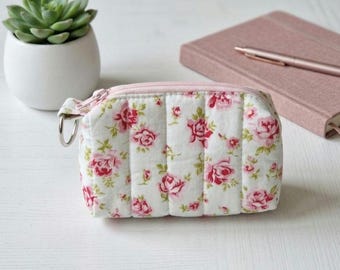 Pretty Floral Quilted Small Card & Coin Zipped Pouch with Keyring Hoop Handmade - Introductory Offer
