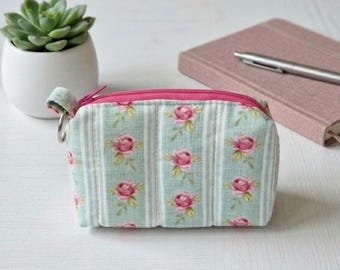 Pretty Rose Pink and Aqua Quilted Small Card & Coin Zipped Pouch with Keyring Hoop Handmade - Introductory Offer