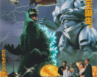 May include: A movie poster for the Japanese film "Godzilla vs. Mechagodzilla." The poster features Godzilla and Mechagodzilla in a battle scene. The poster also includes the text "Godzilla vs. Mechagodzilla" and the Japanese text "世紀末覇王誕生。だれもがこの戦いを待っていた。" which translates to "The birth of the end-of-century tyrant. Everyone was waiting for this battle."