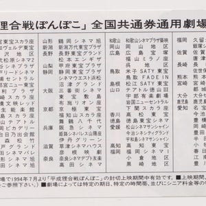May include: A black and white list of cinemas in Japan where the film "平成狸合戦ぽんぽこ" (Heisei Tanuki Gassen Ponpoko) was showing in 1994. The list includes cinemas in Tokyo, Osaka, Nagoya, Sapporo, Sendai, Fukuoka, Hiroshima, and other cities. The text also includes information about the validity of the tickets and special discounts.