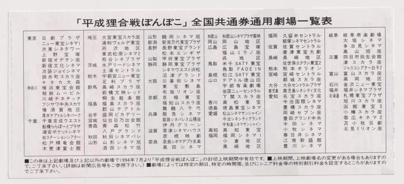May include: A black and white list of cinemas in Japan where the film "平成狸合戦ぽんぽこ" (Heisei Tanuki Gassen Ponpoko) was showing in 1994. The list includes cinemas in Tokyo, Osaka, Nagoya, Sapporo, Sendai, Fukuoka, Hiroshima, and other cities. The text also includes information about the validity of the tickets and special discounts.