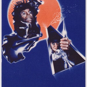 May include: A film poster for the movie "A Clockwork Orange" directed by Stanley Kubrick. The poster has a dark blue background with a red and orange sun in the top right corner. A man with a menacing expression is in the foreground, and a young man with a knife is in the background.