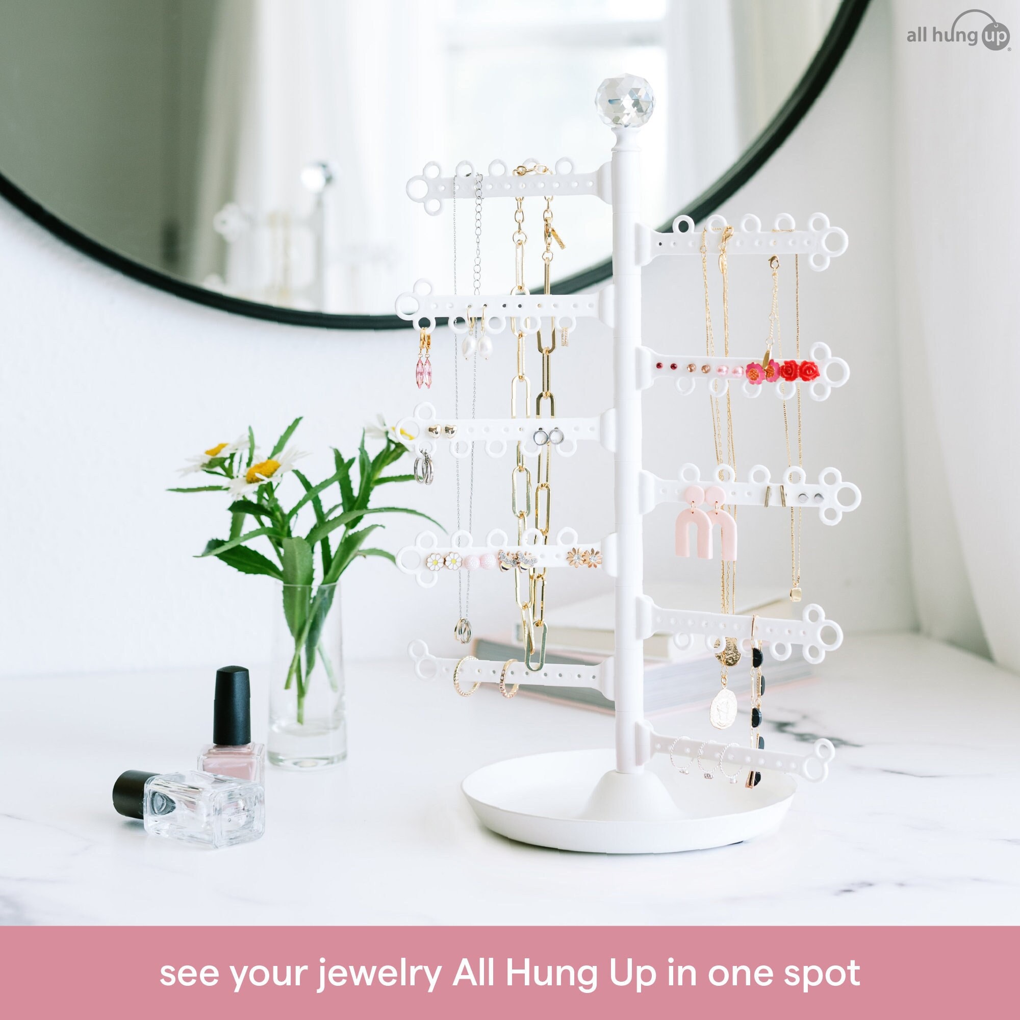 Weculop 6-Tier Jewelry Organizer Stand With Hooks - Necklace Bracelet Earring Holder, White & Wood - View #2