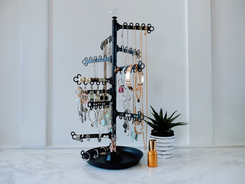 Black or White All Hung Up Tower Stand Display with Tray Dish Jewelry Organizer