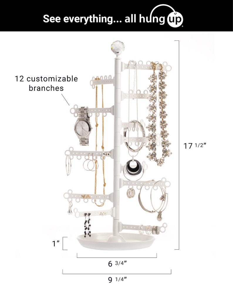 Black or White All Hung Up Tower Stand Display with Tray Dish Jewelry Organizer