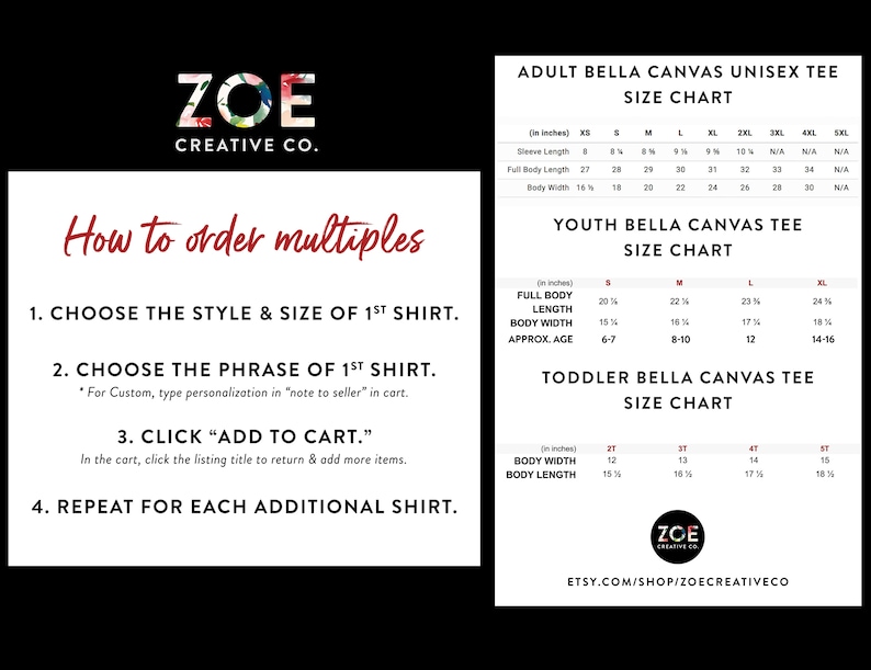 Puede incluir: Un gr&aacute;fico que muestra el tama&ntilde;o para camisetas unisex Bella Canvas para adultos, j&oacute;venes y ni&ntilde;os peque&ntilde;os. El gr&aacute;fico incluye medidas en pulgadas para la longitud de la manga, la longitud total del cuerpo y el ancho del cuerpo. El gr&aacute;fico tambi&eacute;n incluye edades aproximadas para las tallas de j&oacute;venes y ni&ntilde;os peque&ntilde;os. El gr&aacute;fico est&aacute; titulado "Adult Bella Canvas Unisex Tee Size Chart", "Youth Bella Canvas Tee Size Chart" y "Toddler Bella Canvas Tee Size Chart".