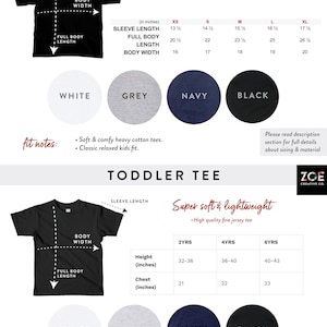 May include: Size chart for kids and toddler tees. The chart shows the sleeve length, full body length, and body width in inches for kids sizes XS to XL. The chart also shows the height and chest measurements in inches for toddler sizes 2 years, 4 years, and 6 years. The chart is divided into two sections, one for kids tees and one for toddler tees. The kids tees are described as "soft, classic kids tees!" and the toddler tees are described as "super soft & lightweight". The chart also includes fit notes for each type of tee.