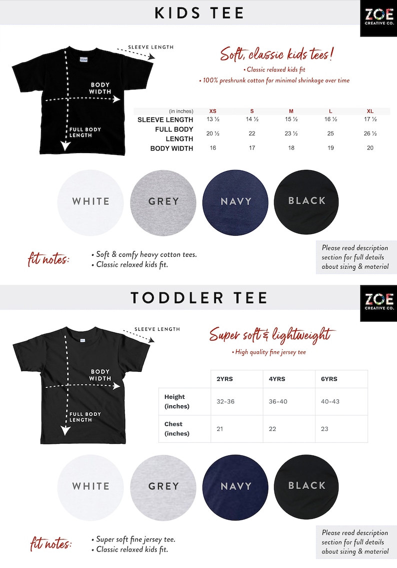 May include: Size chart for kids and toddler tees. The chart shows the sleeve length, full body length, and body width in inches for kids sizes XS to XL. The chart also shows the height and chest measurements in inches for toddler sizes 2 years, 4 years, and 6 years. The chart is divided into two sections, one for kids tees and one for toddler tees. The kids tees are described as "soft, classic kids tees!" and the toddler tees are described as "super soft & lightweight". The chart also includes fit notes for each type of tee.