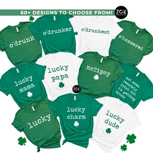 Puede incluir: Una colecci&oacute;n de diez camisetas verdes y blancas con diferentes lemas con tem&aacute;tica del D&iacute;a de San Patricio. Las camisetas presentan lemas como "o'drunk", "lucky mama", "lucky papa", "McTipsy" y "lucky charm".
