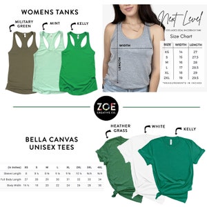 May include: Image features a variety of women's tank tops in military green, mint, and kelly green. Also shown are unisex tees in heather grass, white, and kelly green. A size chart for a racerback tank is included, with measurements in inches.