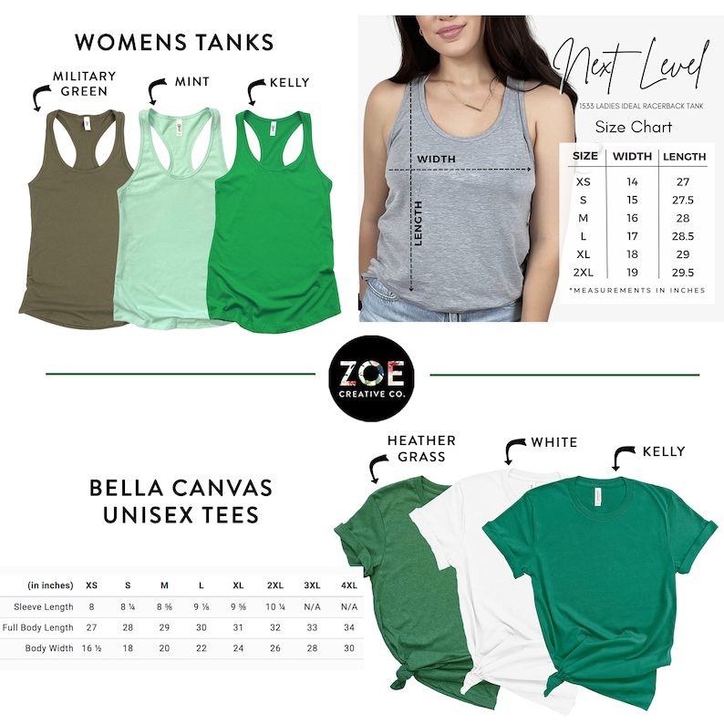 May include: Image features a variety of women's tank tops in military green, mint, and kelly green. Also shown are unisex tees in heather grass, white, and kelly green. A size chart for a racerback tank is included, with measurements in inches.