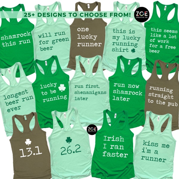 25+ DESIGNS St Patricks Day Race Tanks, 13.1, 26.2, Irish I Ran Faster Funny St Patricks Day Shamrock Shuffle Tank Tops for Women, St Pattys