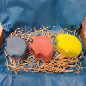 May include: Three colourful soap bars shaped like seashells. The soap bars are blue, pink, and yellow. The soap bars are sitting on a bed of shredded paper.