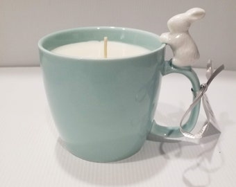 Soy candle - Mug - Teal with bunny/rabbit - Hot Cross Buns - Made in Australia