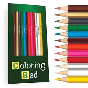 May include: A set of 12 colored pencils in a green box with the text "Coloring Bad". The pencils are labeled with names like "Badger Brown", "Tuco's Grill", "Gray Matter", "Leaves of Grass", "Blue Sky", "Heisenbergundy", "Nacho", "Jesse Pinkman", "Chili P", "Mike Ehrmantraut", "Walter White", and "Butter Call Saul".
