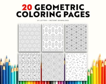 May include: 20 Geometric Coloring Pages - US Letter - Instant Download. A set of six black and white coloring pages featuring geometric patterns.