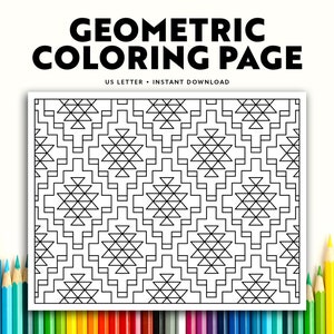 May include: A black and white geometric coloring page with a repeating pattern of squares and triangles. The page is designed for US letter size paper.