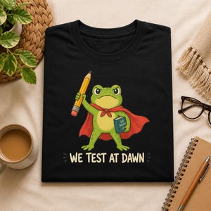 Maglietta "We Test At Dawn" con rana, maglietta divertente per tester QA, maglietta con grafica di una rana carina, regalo per programmatore, umorismo sul testing del software, maglietta per nerd e geek