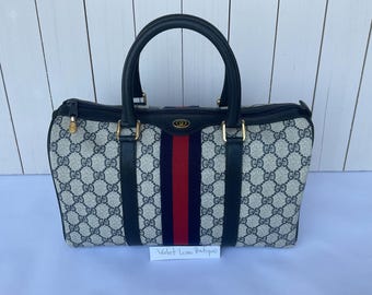 Vintage Gucci Boston Bag Blue Canvas Good Preowned Condition