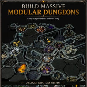 May include: A modular dungeon tabletop game set featuring hexagonal tiles with stone walls, corridors, and rooms. The set includes detailed miniature elements like a green gelatinous cube, spiked traps, and lava pits, with text reading BUILD MASSIVE MODULAR DUNGEONS.