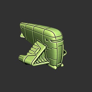 May include: A 3D-rendered, lime green, futuristic spacecraft model. The design features a segmented body with angular panels, a cockpit-like structure, and wing-like appendages. The model is set against a dark grey background.