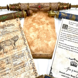 Könnte beinhalten: Eine Sammlung von Fantasy-Requisiten, bestehend aus drei dekorativen Schriftrollen mit verzierten Metallendkappen in Gold, Blau und Grün. Zwei Pergamentdokumente sind abgebildet, eines mit einer Wolfsillustration und dem Titel Familiar & Animal Companion Record sowie ein weiteres mit einem königlichen Vorladungstext.