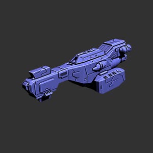 May include: A 3D model of a spacecraft, rendered in a muted purple. The design is futuristic, with an elongated body, detailed paneling, a central cockpit, and various protruding elements. The overall aesthetic suggests advanced technology.