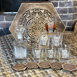 Mayan Сalendar Personalized Gift, Whiskey Glasses, Whiskey Decanter Set, Whiskey Stones, Mexico Whiskey Glasses, Gift for Him, Fathers Gift