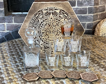 Mayan Сalendar Personalized Gift, Whiskey Glasses, Whiskey Decanter Set, Whiskey Stones, Mexico Whiskey Glasses, Gift for Him, Fathers Gift