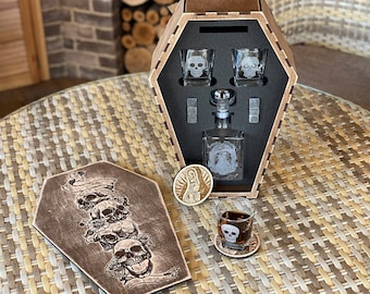 Coffin Whiskey Decanter Set & Whiskey Stones, Coffin Personalized Gift, Fathers Gift, Gift for Him, Santa Muerte Bourbon Decanter Set, Glass