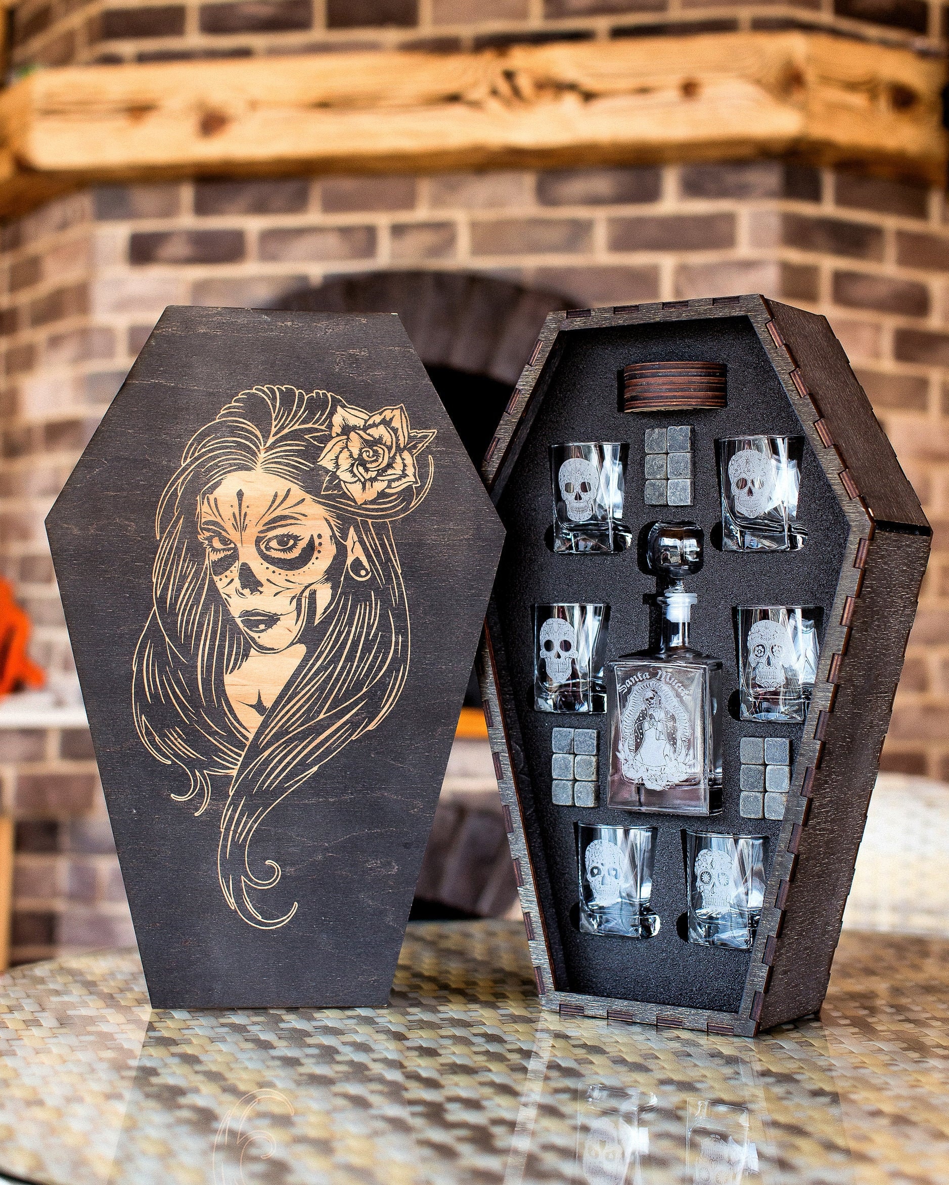 Dia de los Muertos, Santa Muerte Unique Gift by WEDDING HAPPY CRAFT, Whiskey Glasses with Whiskey Stones, Fathers Gift, Halloween Whiskey