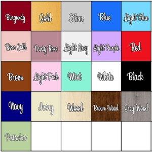 K&ouml;nnte beinhalten: Eine Farbkarte mit 20 verschiedenen Farbmustern, darunter Burgunder, Gold, Silber, Blau, Hellblau, Ros&eacute;gold, Altrosa, Hellgrau, Helllila, Rot, Braun, Hellrosa, Minze, Wei&szlig;, Schwarz, Marineblau, Elfenbein, Holz, Braunholz und Grauholz.