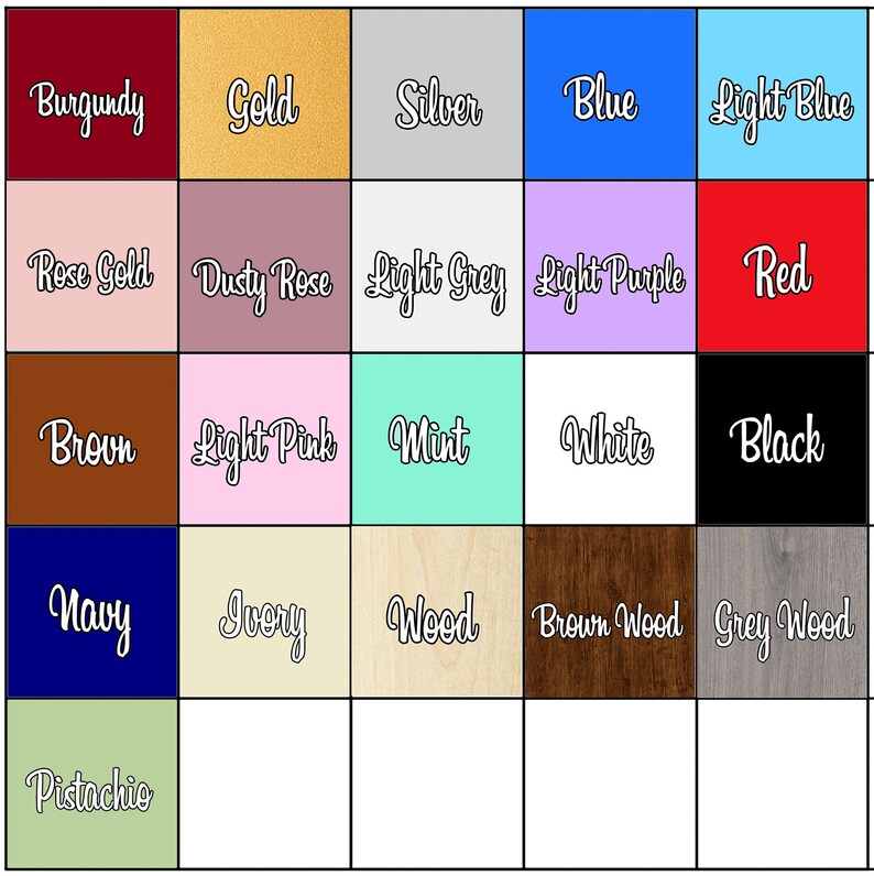 K&ouml;nnte beinhalten: Eine Farbkarte mit 20 verschiedenen Farbmustern, darunter Burgunder, Gold, Silber, Blau, Hellblau, Ros&eacute;gold, Altrosa, Hellgrau, Helllila, Rot, Braun, Hellrosa, Minze, Wei&szlig;, Schwarz, Marineblau, Elfenbein, Holz, Braunholz und Grauholz.