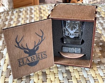 Deer Whiskey Glass, Whiskey Stones, Whiskey Decanter Set, Deer Whiskey Glasses, Fathers Gift, Groomsman Gift, Deer Wooden Box, Bourbon Glass