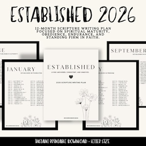 May include: A black and white printable 12-month scripture writing plan titled "ESTABLISHED 2026". The plan focuses on spiritual maturity, obedience, endurance, and standing firm in faith. The design includes floral accents and the text "INSTANT PRINTABLE DOWNLOAD - LETTER SIZE".