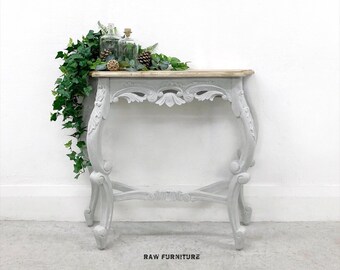 SOLD ~ Vintage carved Console Table. Grey and White Console. Hand painted hallway furniture.