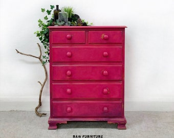 SOLD ~ Scartop Chest of 6 Drawers. Bohemian and eclectic Pink drawers. Hand painted Annie Sloan Chalk Paint. Bedroom furniture.