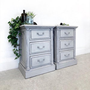 SOLD ~ Pair pine bedside cabinets. Painted Bedside Tables. Black and Grey bedside tables. Hand painted furniture. Bedroom furniture storage.