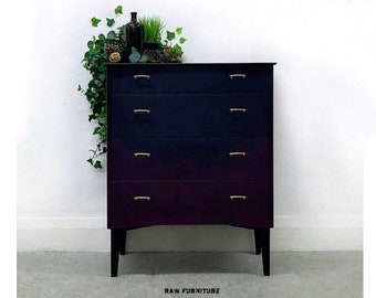 SOLD ~ Vintage Chest of Drawers. Black & Purple. Bedroom Furniture. Retro Chest of Drawers. Hand Painted Furniture.