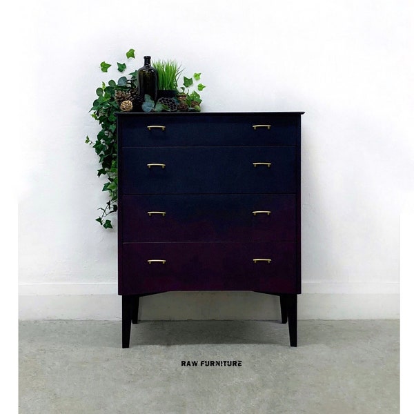SOLD ~ Vintage Chest of Drawers. Black & Purple. Bedroom Furniture. Retro Chest of Drawers. Hand Painted Furniture.